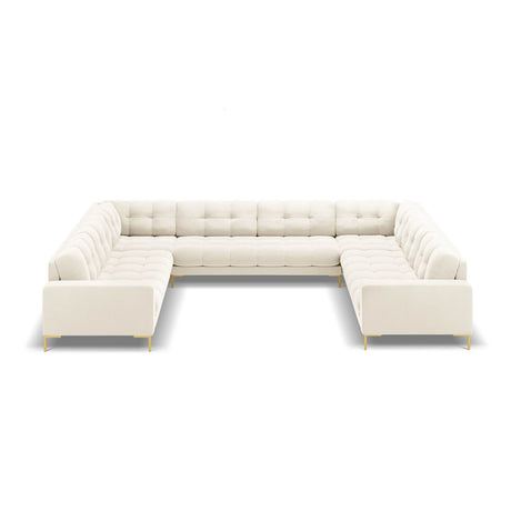 Mamaia 9-Sitzer Panorama-Sofa symmetrisch, Beine Goldmetall, mit Bezug aus Samt (Blu22) in Leichtes Beige, 337x256 cm – Bild 3