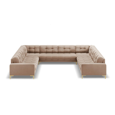 Mamaia 9-Sitzer Panorama-Sofa symmetrisch, Beine Goldmetall, mit Bezug aus Samt (Blu28) in Beige, 337x256 cm – Bild 3