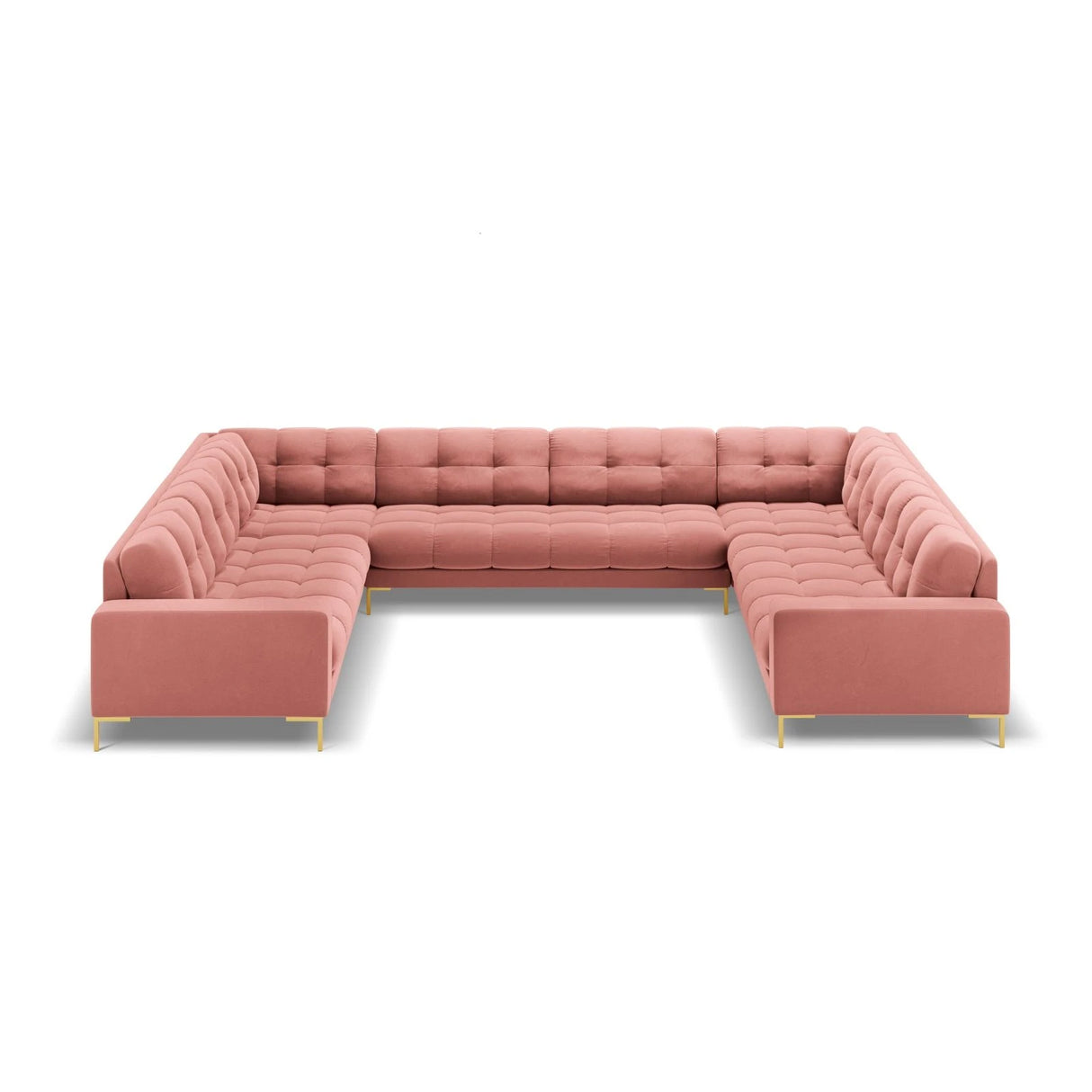 Mamaia 9-Sitzer Panorama-Sofa symmetrisch, Beine Goldmetall, mit Bezug aus Samt (Blu52) in Rosa, 337x256 cm – Bild 3