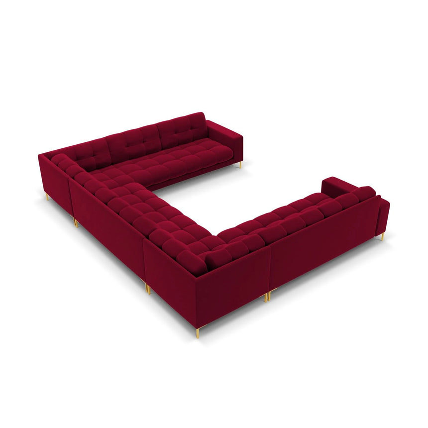 Mamaia 9-Sitzer Panorama-Sofa symmetrisch, Beine Goldmetall, mit Bezug aus Samt (Blu59) in Rot, 337x256 cm – Bild 4