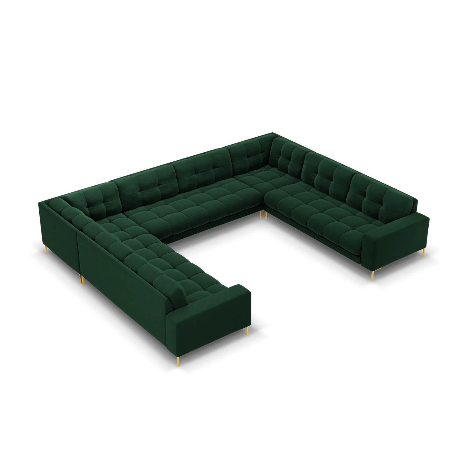 Mamaia 9-Sitzer Panorama-Sofa symmetrisch, Beine Goldmetall, mit Bezug aus Samt (Blu78) in Flaschengrün, 337x256 cm – Bild 1