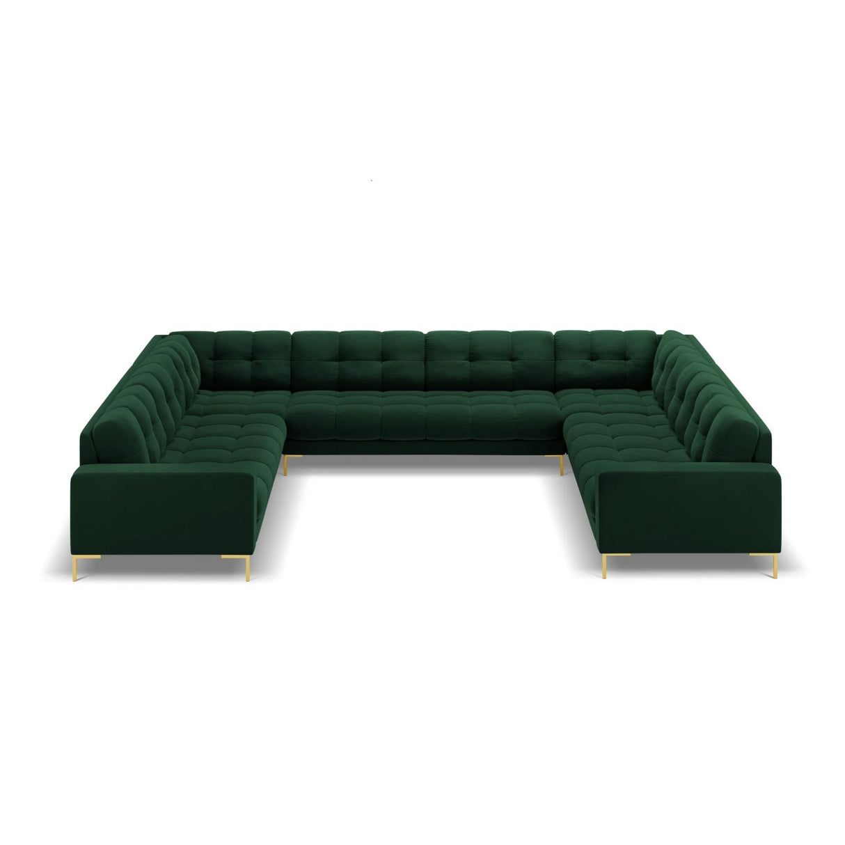 Mamaia 9-Sitzer Panorama-Sofa symmetrisch, Beine Goldmetall, mit Bezug aus Samt (Blu78) in Flaschengrün, 337x256 cm – Bild 3