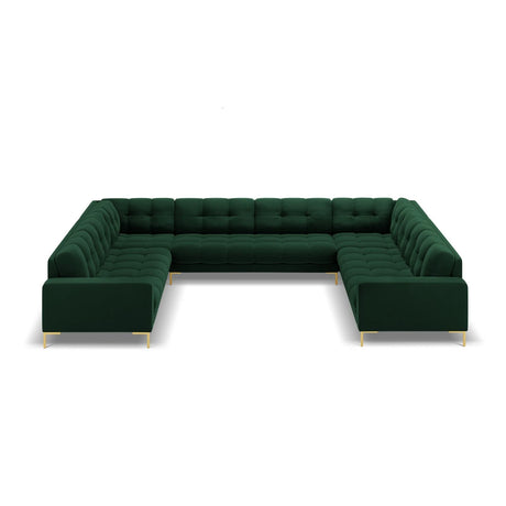 Mamaia 9-Sitzer Panorama-Sofa symmetrisch, Beine Goldmetall, mit Bezug aus Samt (Blu78) in Flaschengrün, 337x256 cm – Bild 3