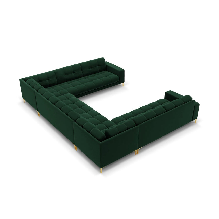 Mamaia 9-Sitzer Panorama-Sofa symmetrisch, Beine Goldmetall, mit Bezug aus Samt (Blu78) in Flaschengrün, 337x256 cm – Bild 4