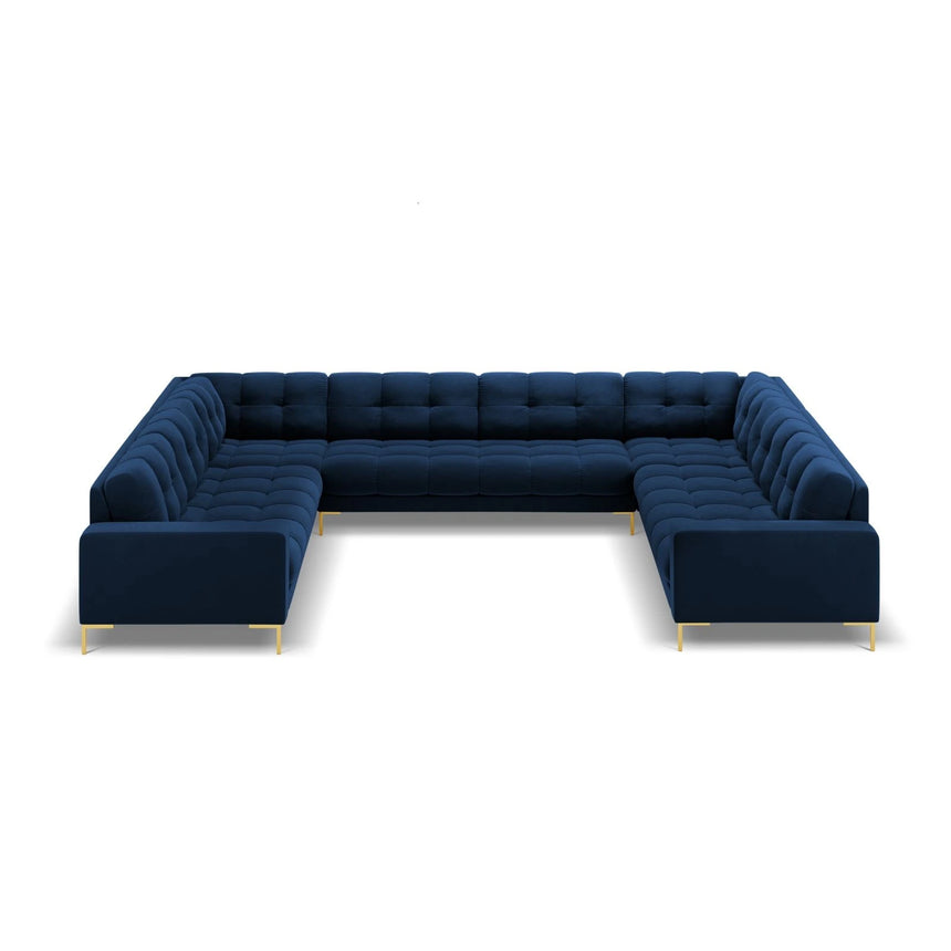 Mamaia 9-Sitzer Panorama-Sofa symmetrisch, Beine Goldmetall, mit Bezug aus Samt (Blu86) in Königsblau, 337x256 cm – Bild 3