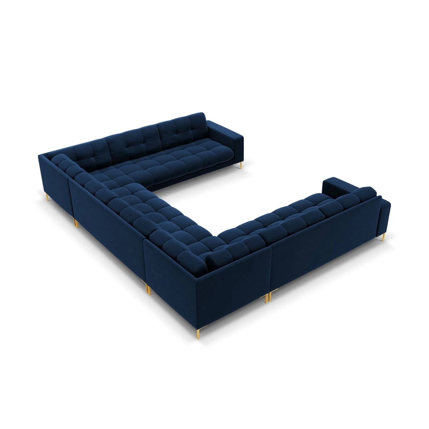 Mamaia 9-Sitzer Panorama-Sofa symmetrisch, Beine Goldmetall, mit Bezug aus Samt (Blu86) in Königsblau, 337x256 cm – Bild 4