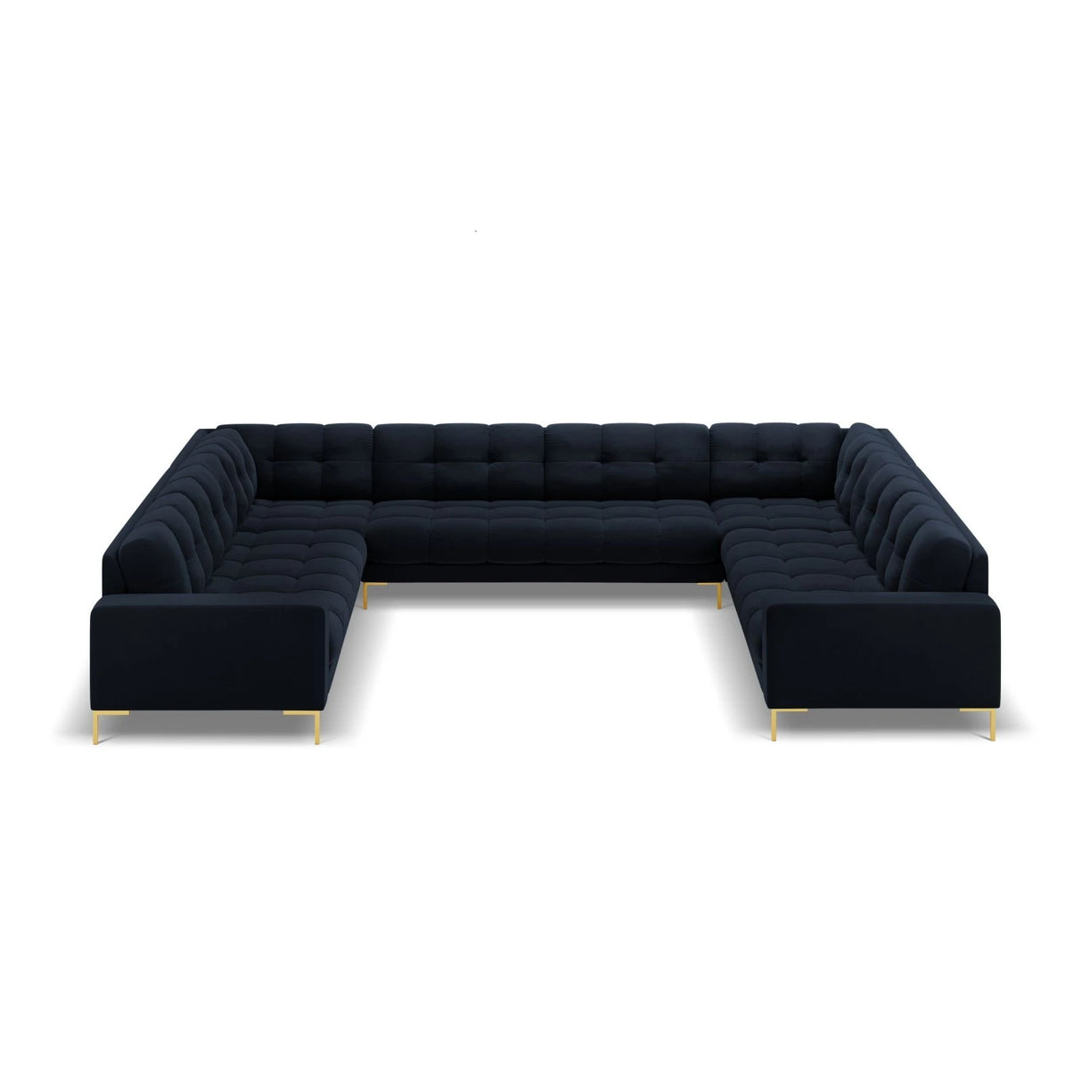 Mamaia 9-Sitzer Panorama-Sofa symmetrisch, Beine Goldmetall, mit Bezug aus Samt (Blu89) in Dunkelblau, 337x256 cm – Bild 3