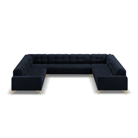 Mamaia 9-Sitzer Panorama-Sofa symmetrisch, Beine Goldmetall, mit Bezug aus Samt (Blu89) in Dunkelblau, 337x256 cm – Bild 3