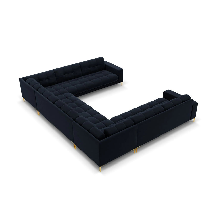 Mamaia 9-Sitzer Panorama-Sofa symmetrisch, Beine Goldmetall, mit Bezug aus Samt (Blu89) in Dunkelblau, 337x256 cm – Bild 4