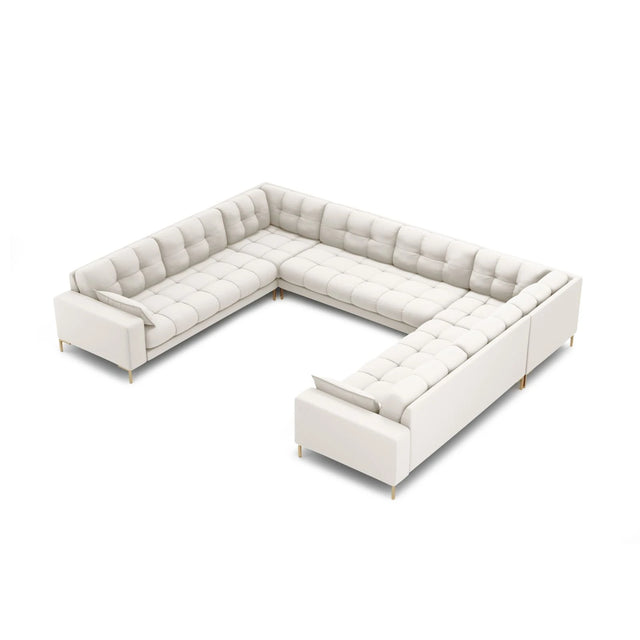 Mamaia 9-Sitzer Panorama-Sofa symmetrisch, Beine Goldmetall, mit Bezug aus Samt oder Strukturstoff, 337x256 cm – Bild 1