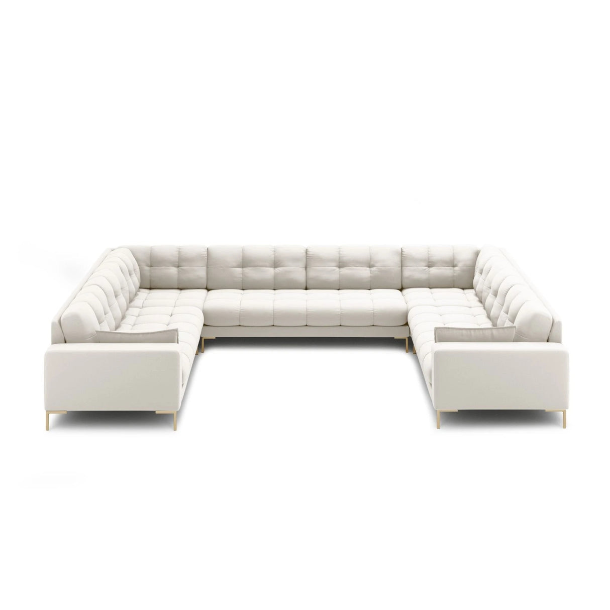Mamaia 9-Sitzer Panorama-Sofa symmetrisch, Beine Goldmetall, mit Bezug aus Samt oder Strukturstoff, 337x256 cm – Bild 3