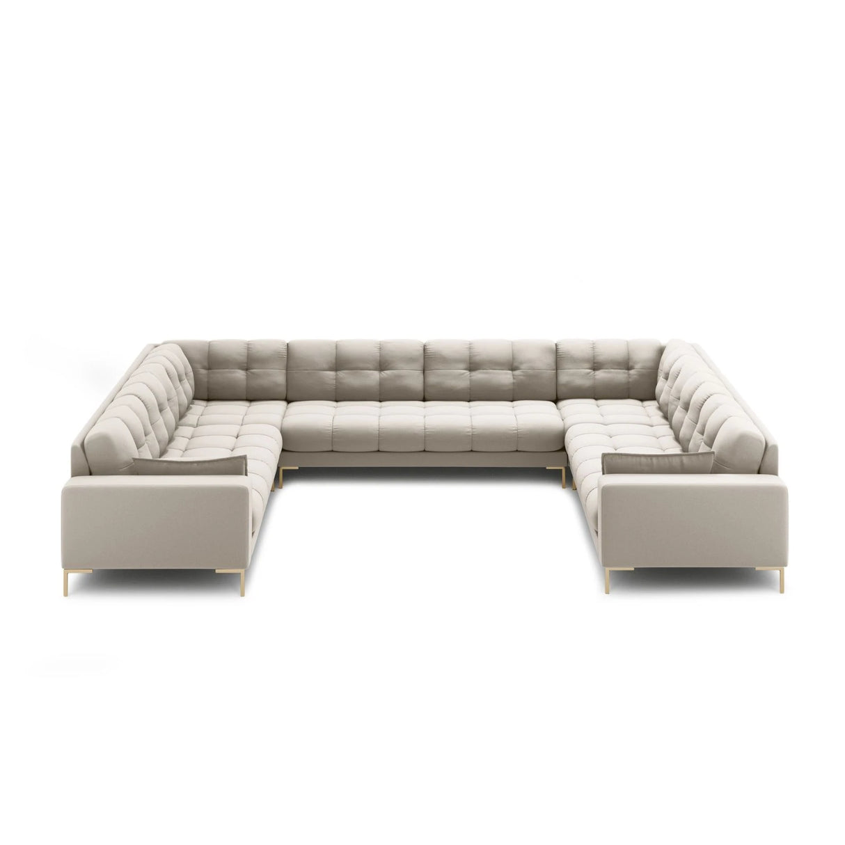 Mamaia 9-Sitzer Panorama-Sofa symmetrisch, Beine Goldmetall, mit Bezug aus Strukturierter Stoff (Nev04) in Beige, 337x256 cm – Bild 3