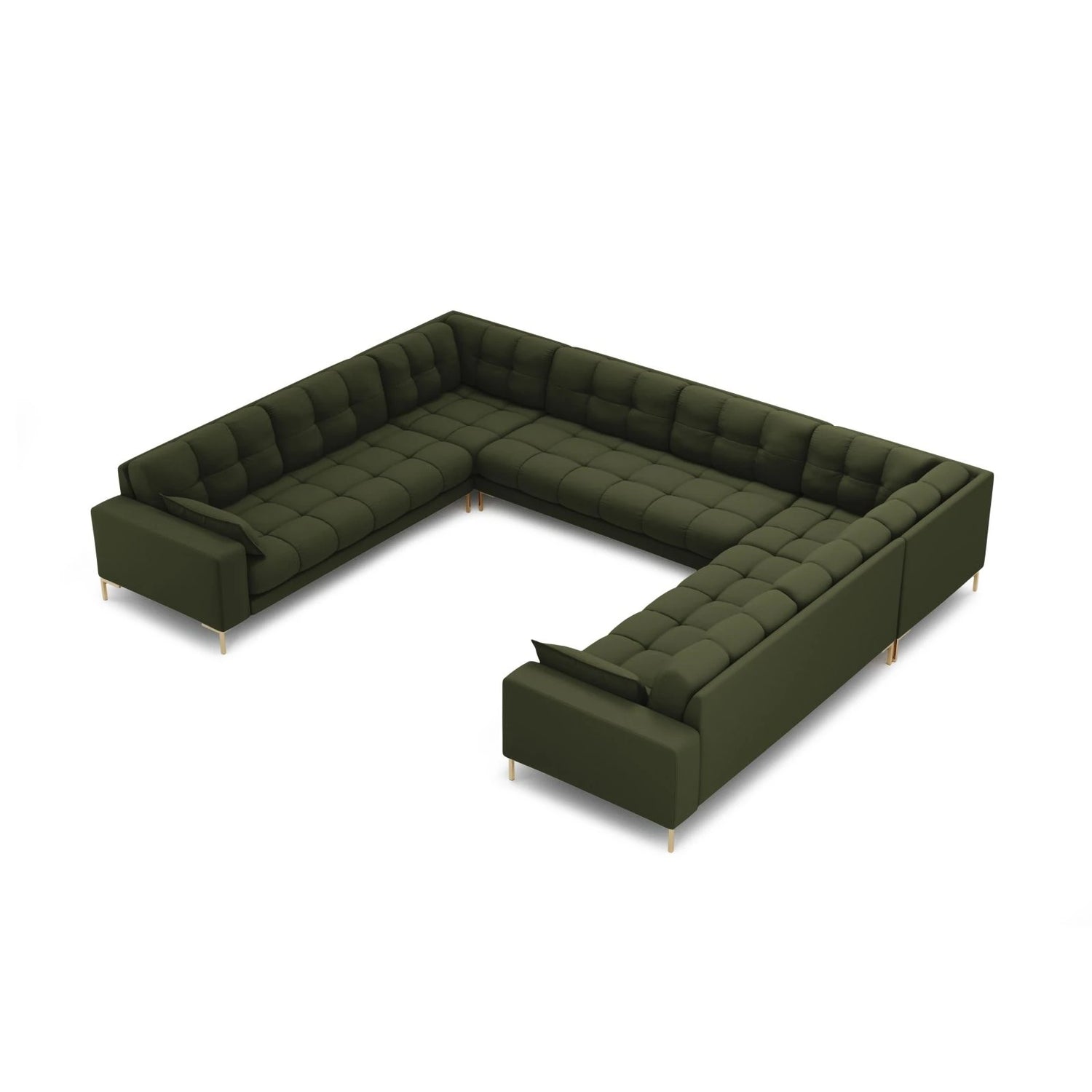 Mamaia 9-Sitzer Panorama-Sofa symmetrisch, Beine Goldmetall, mit Bezug aus Strukturierter Stoff (Nev39) in Grün, 337x256 cm – Bild 1