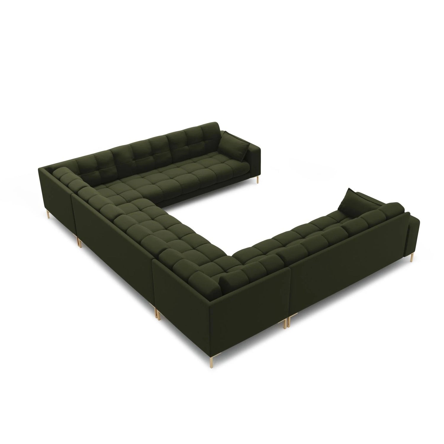 Mamaia 9-Sitzer Panorama-Sofa symmetrisch, Beine Goldmetall, mit Bezug aus Strukturierter Stoff (Nev39) in Grün, 337x256 cm – Bild 4