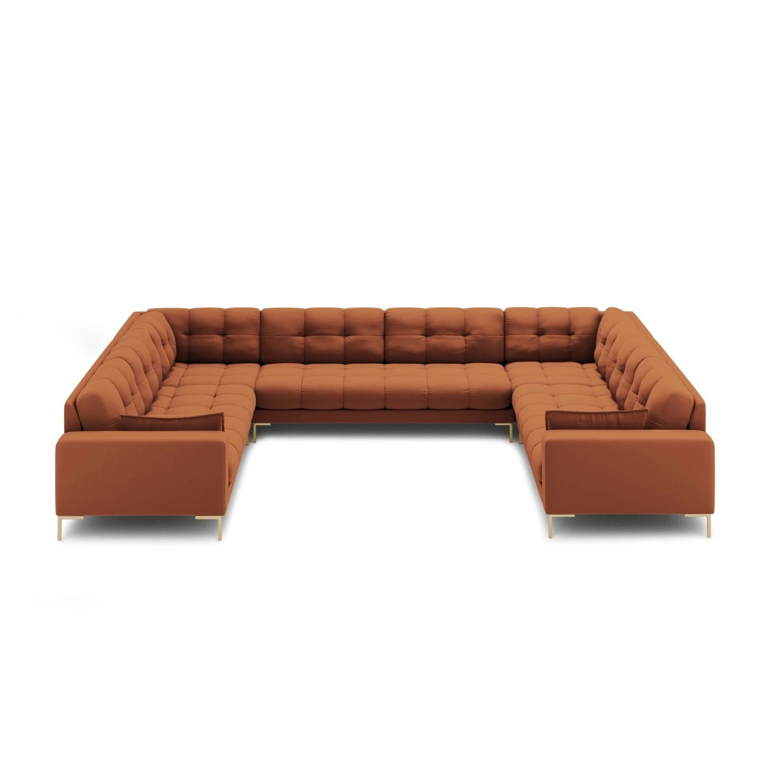 Mamaia 9-Sitzer Panorama-Sofa symmetrisch, Beine Goldmetall, mit Bezug aus Strukturierter Stoff (Nev52) in Ziegel, 337x256 cm – Bild 3