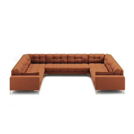Mamaia 9-Sitzer Panorama-Sofa symmetrisch, Beine Goldmetall, mit Bezug aus Strukturierter Stoff (Nev52) in Ziegel, 337x256 cm – Bild 3