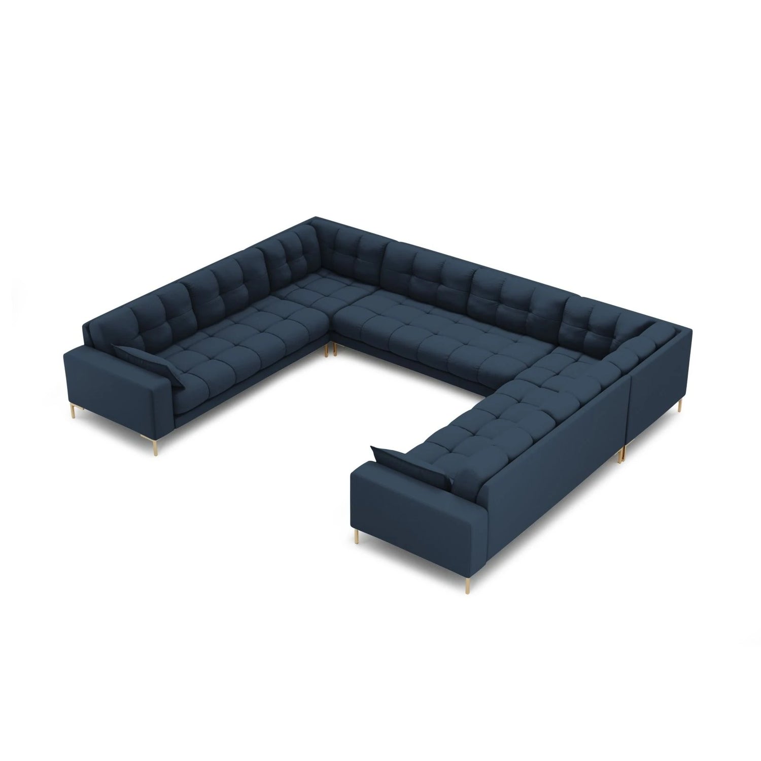 Mamaia 9-Sitzer Panorama-Sofa symmetrisch, Beine Goldmetall, mit Bezug aus Strukturierter Stoff (Nev77) in Blau, 337x256 cm – Bild 1