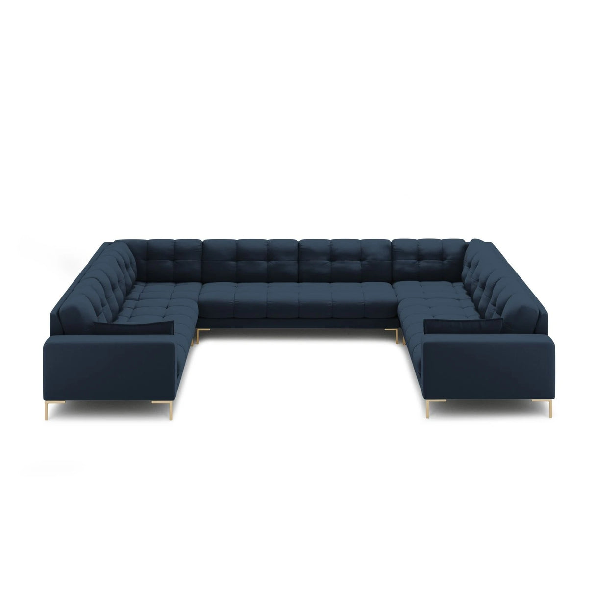 Mamaia 9-Sitzer Panorama-Sofa symmetrisch, Beine Goldmetall, mit Bezug aus Strukturierter Stoff (Nev77) in Blau, 337x256 cm – Bild 3