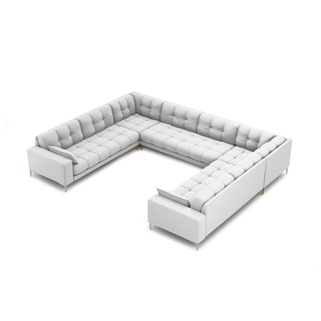 Mamaia 9-Sitzer Panorama-Sofa symmetrisch, Beine Goldmetall, mit Bezug aus Strukturierter Stoff (Nev80) in Hellgrau, 337x256 cm – Bild 1