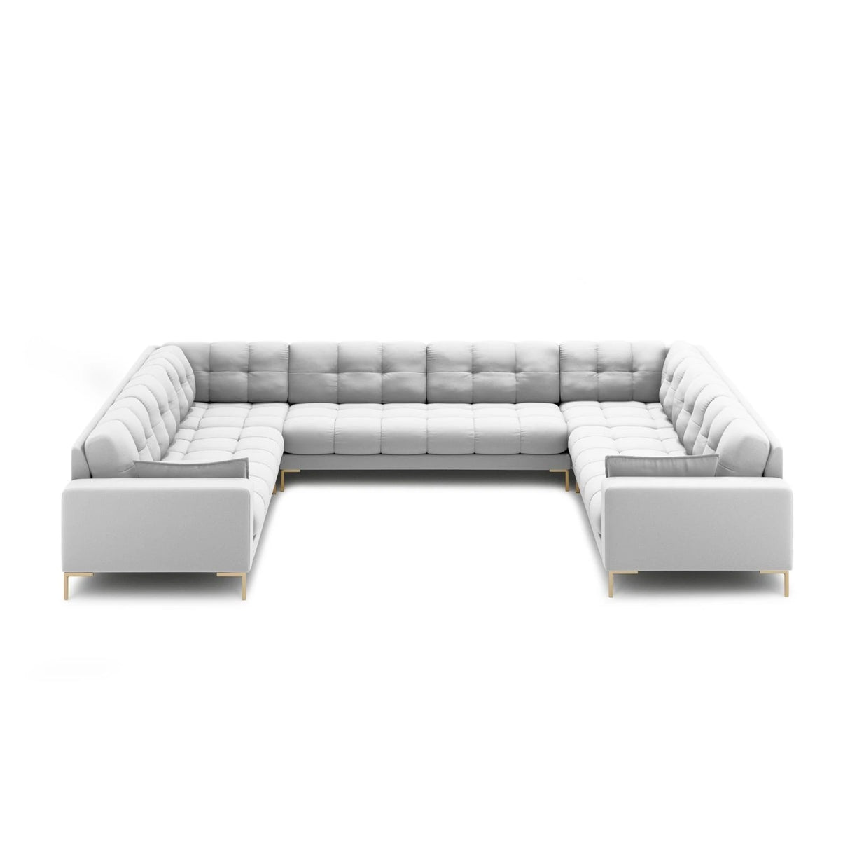 Mamaia 9-Sitzer Panorama-Sofa symmetrisch, Beine Goldmetall, mit Bezug aus Strukturierter Stoff (Nev80) in Hellgrau, 337x256 cm – Bild 3
