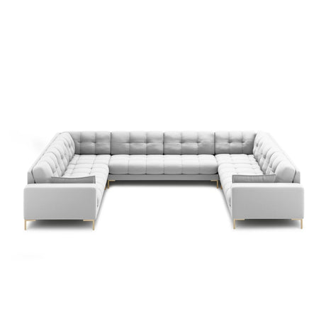 Mamaia 9-Sitzer Panorama-Sofa symmetrisch, Beine Goldmetall, mit Bezug aus Strukturierter Stoff (Nev80) in Hellgrau, 337x256 cm – Bild 3