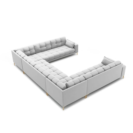 Mamaia 9-Sitzer Panorama-Sofa symmetrisch, Beine Goldmetall, mit Bezug aus Strukturierter Stoff (Nev80) in Hellgrau, 337x256 cm – Bild 4