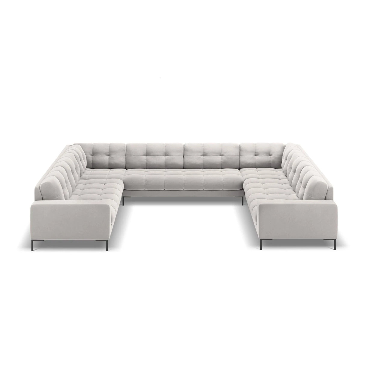 Mamaia 9-Sitzer Panorama-Sofa symmetrisch, Metallbeine Schwarz, mit Bezug aus Samt (Blu03) in Silber, 337x256 cm – Bild 3
