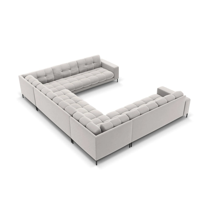 Mamaia 9-Sitzer Panorama-Sofa symmetrisch, Metallbeine Schwarz, mit Bezug aus Samt (Blu03) in Silber, 337x256 cm – Bild 4