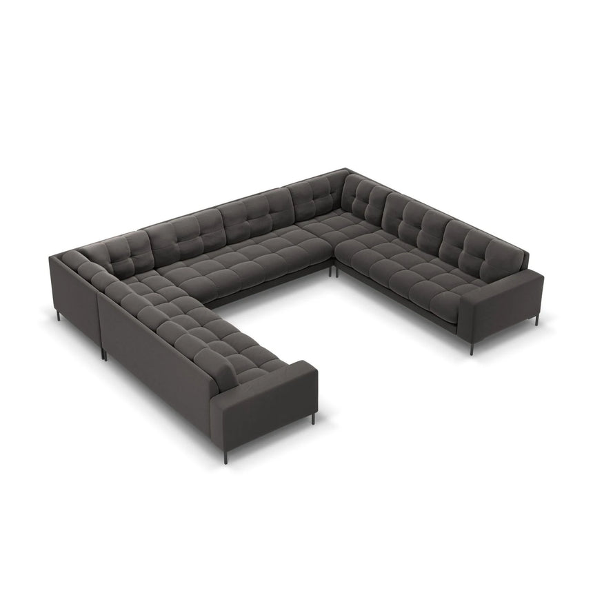 Mamaia 9-Sitzer Panorama-Sofa symmetrisch, Metallbeine Schwarz, mit Bezug aus Samt (Blu18) in Dunkelgrau, 337x256 cm – Bild 1