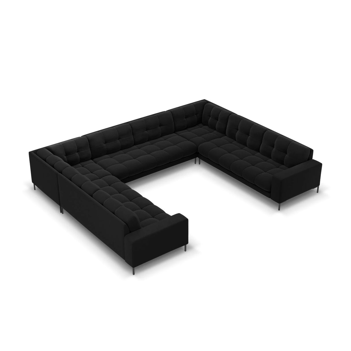 Mamaia 9-Sitzer Panorama-Sofa symmetrisch, Metallbeine Schwarz, mit Bezug aus Samt (Blu19) in Schwarz, 337x256 cm – Bild 1