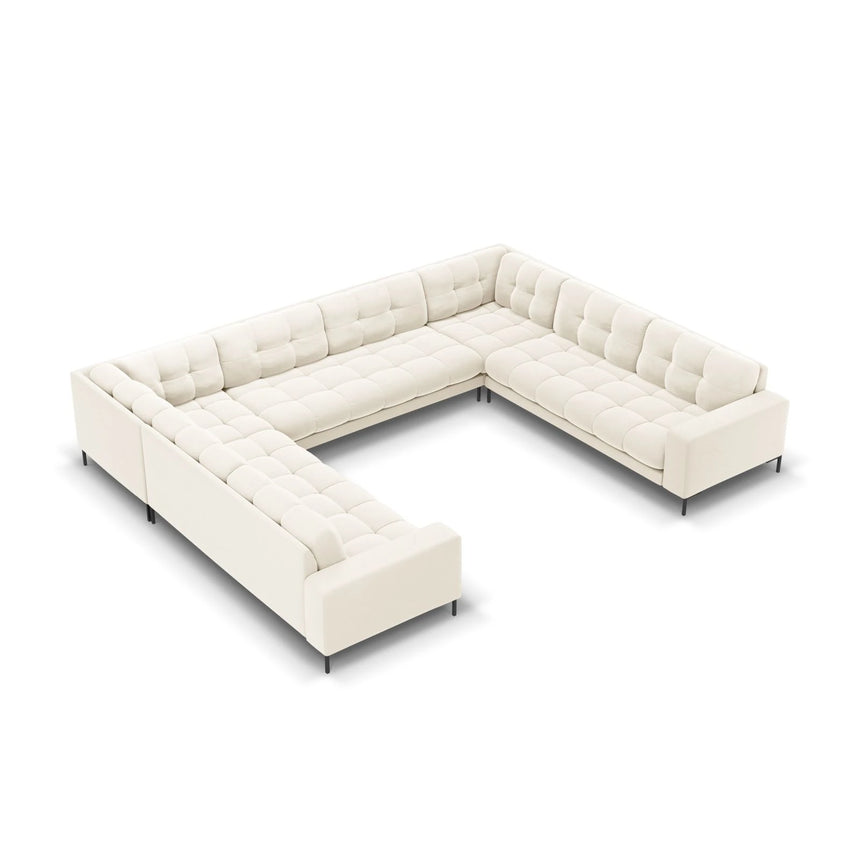 Mamaia 9-Sitzer Panorama-Sofa symmetrisch, Metallbeine Schwarz, mit Bezug aus Samt (Blu22) in Leichtes Beige, 337x256 cm – Bild 1