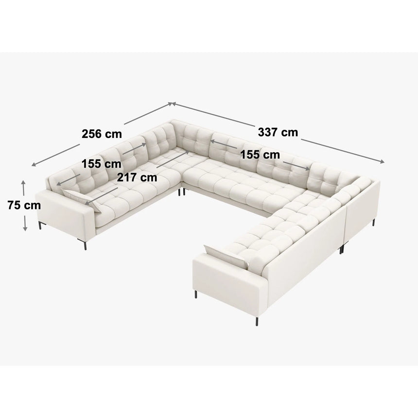 Mamaia 9-Sitzer Panorama-Sofa symmetrisch, Metallbeine Schwarz, mit Bezug aus Samt oder Strukturstoff, 337x256 cm – Bild 2