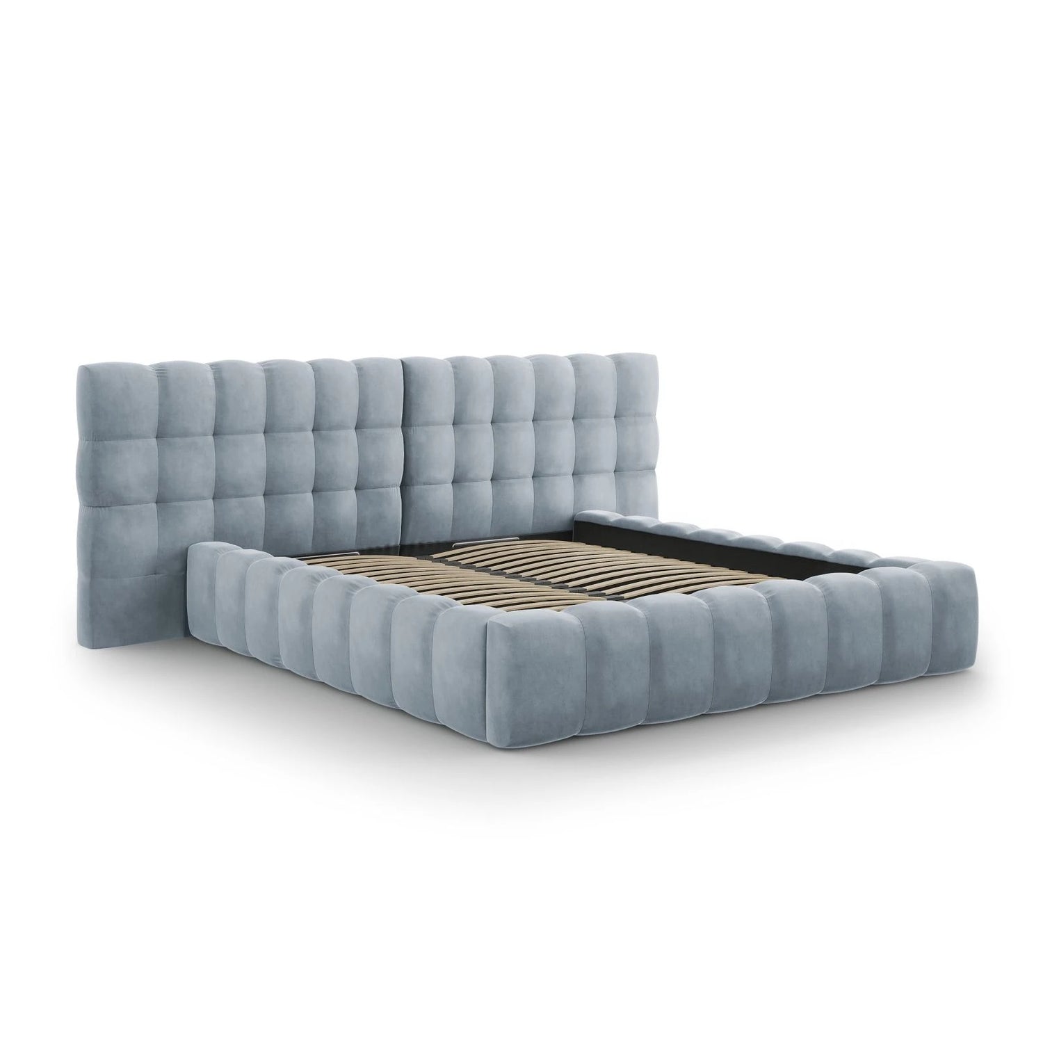 Mamaia Bett mit Stauraum und Doppelkopfteil in Samt (Blu06) in Hellblau, 200x200 cm – Bild 4