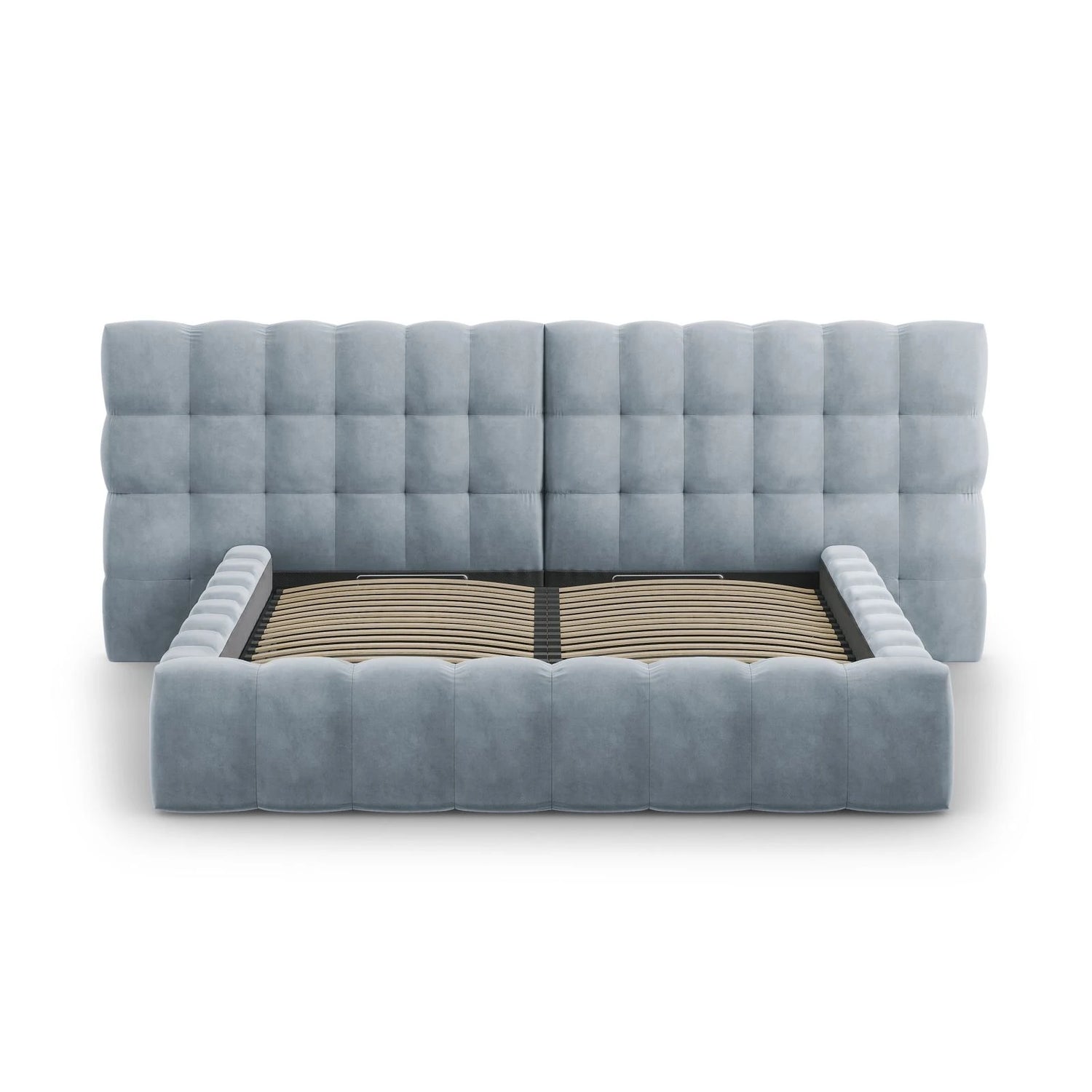 Mamaia Bett mit Stauraum und Doppelkopfteil in Samt (Blu06) in Hellblau, 200x200 cm – Bild 5