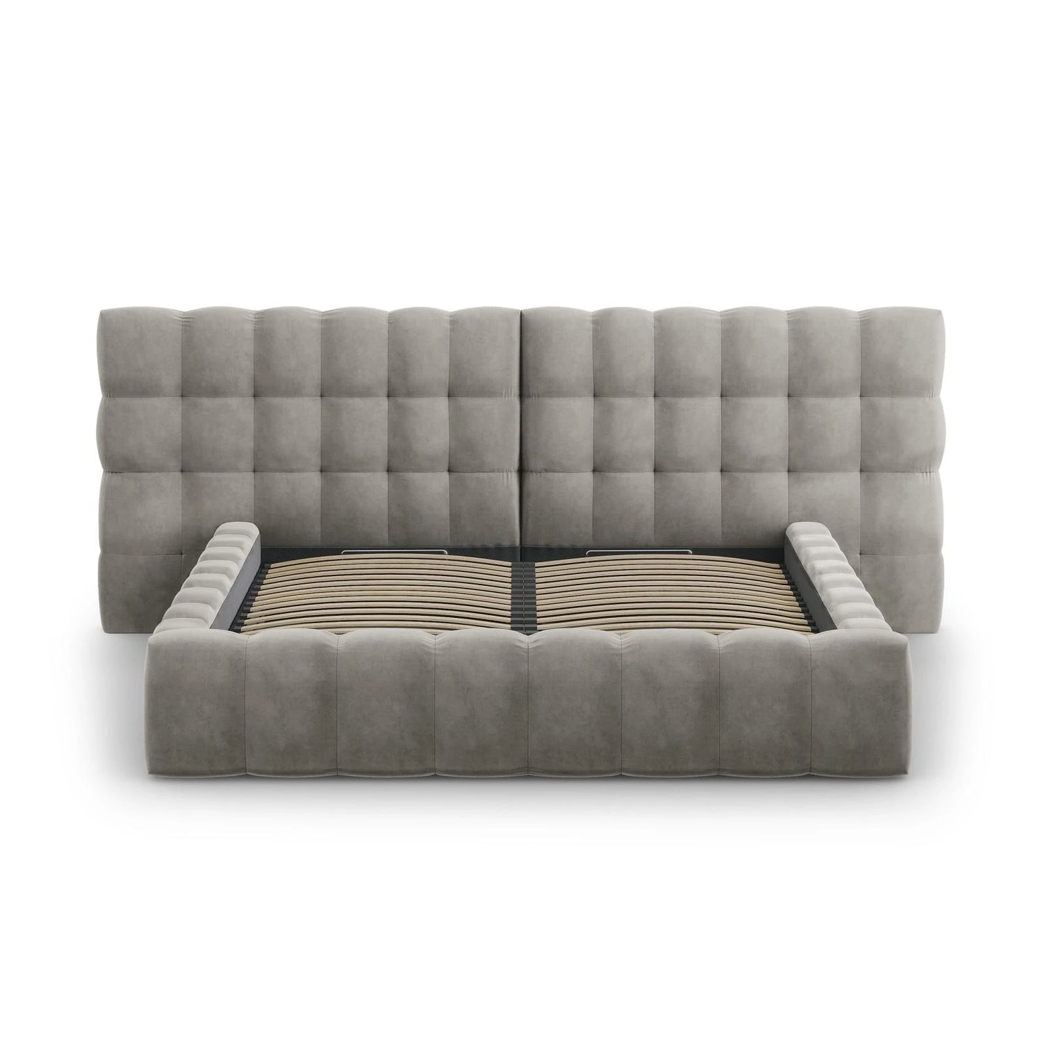 Mamaia Bett mit Stauraum und Doppelkopfteil in Samt (Blu13) in Hellgrau, 200x200 cm – Bild 5
