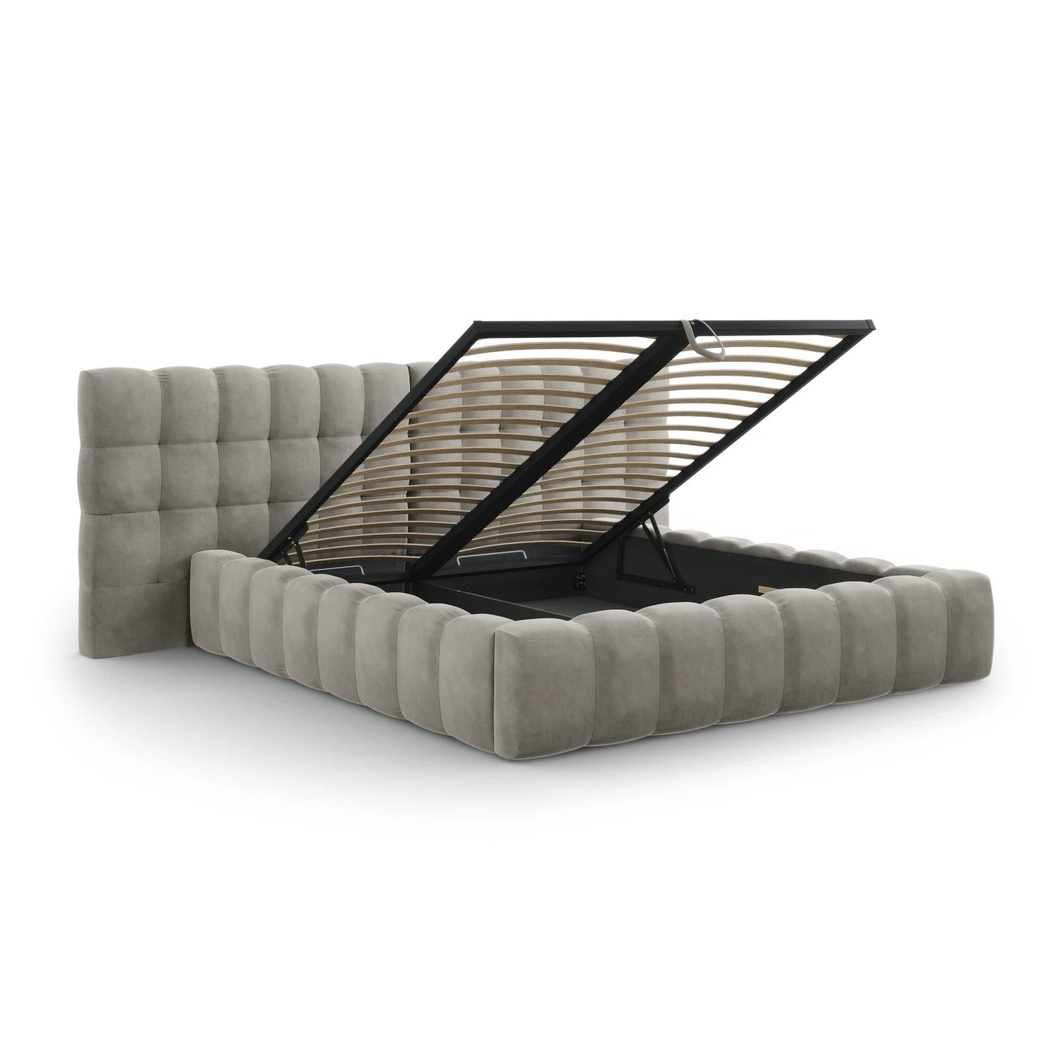 Mamaia Bett mit Stauraum und Doppelkopfteil in Samt (Blu13) in Hellgrau, 200x200 cm – Bild 6