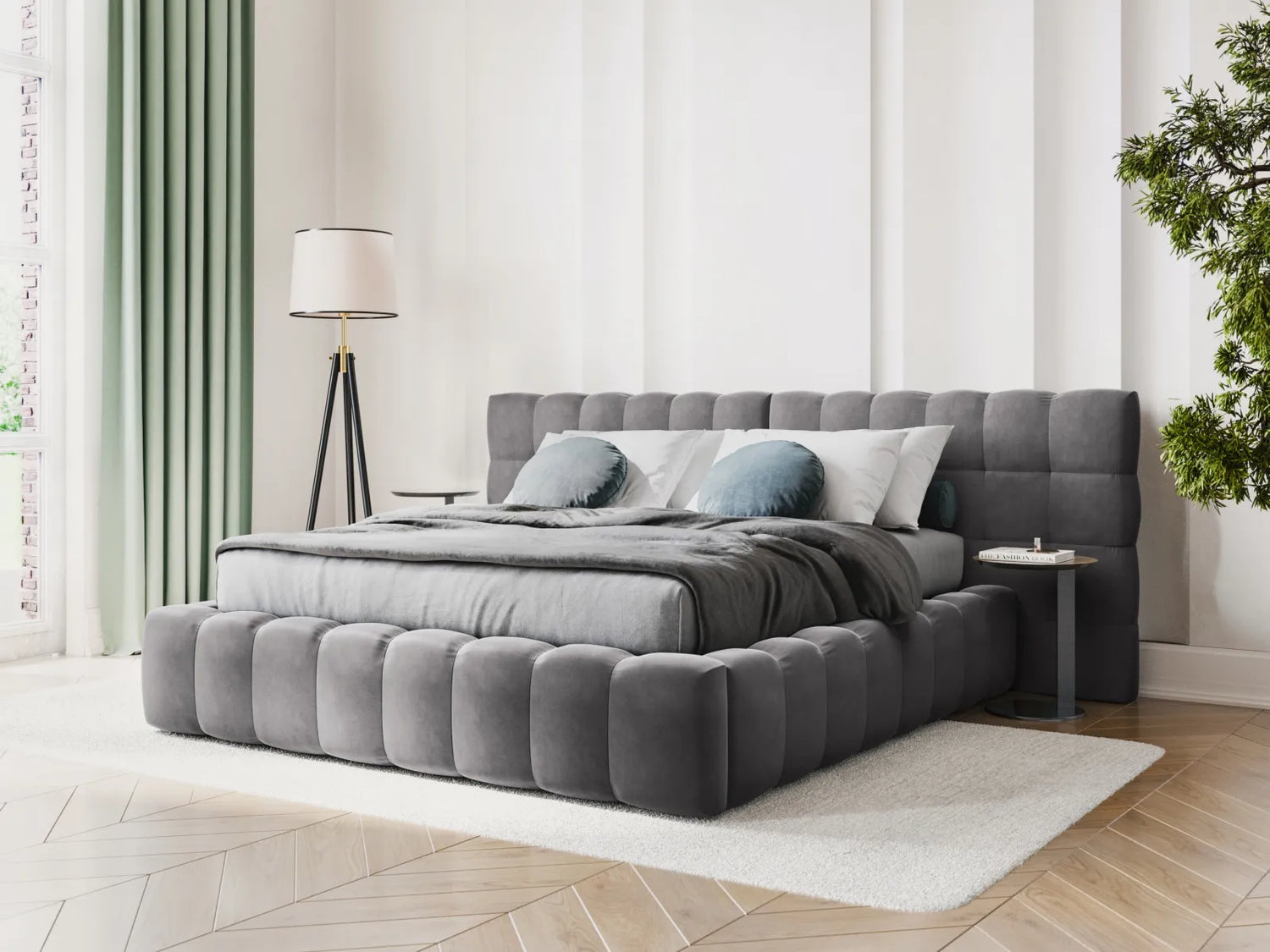 Mamaia Bett mit Stauraum und Doppelkopfteil in Samt (Blu14) in Grau, 200x200 cm – Bild 2