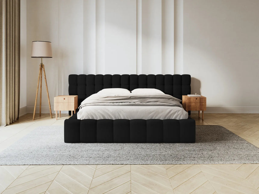 Mamaia Bett mit Stauraum und Doppelkopfteil in Strukturierter Stoff (Nev100) in Schwarz, 200x200 cm – Bild 2