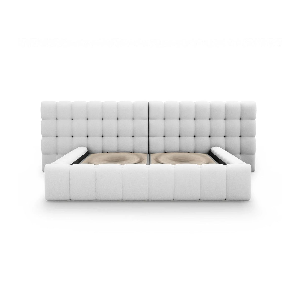 Mamaia Bett mit Stauraum und Doppelkopfteil in Strukturierter Stoff (Nev80) in Hellgrau, 200x200 cm – Bild 5