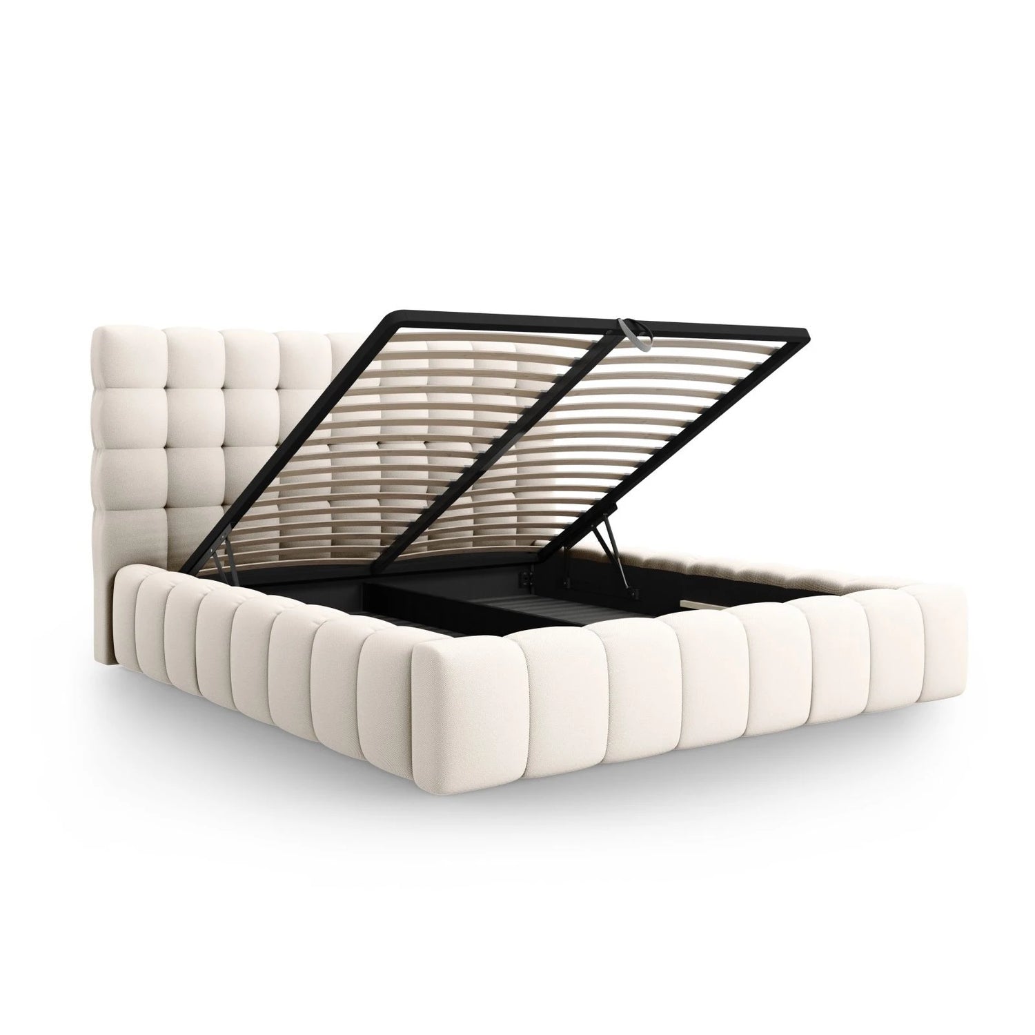 Mamaia Bett mit Stauraum und Kopfteil in Samt oder Strukturstoff, 160x200 cm – Bild 6
