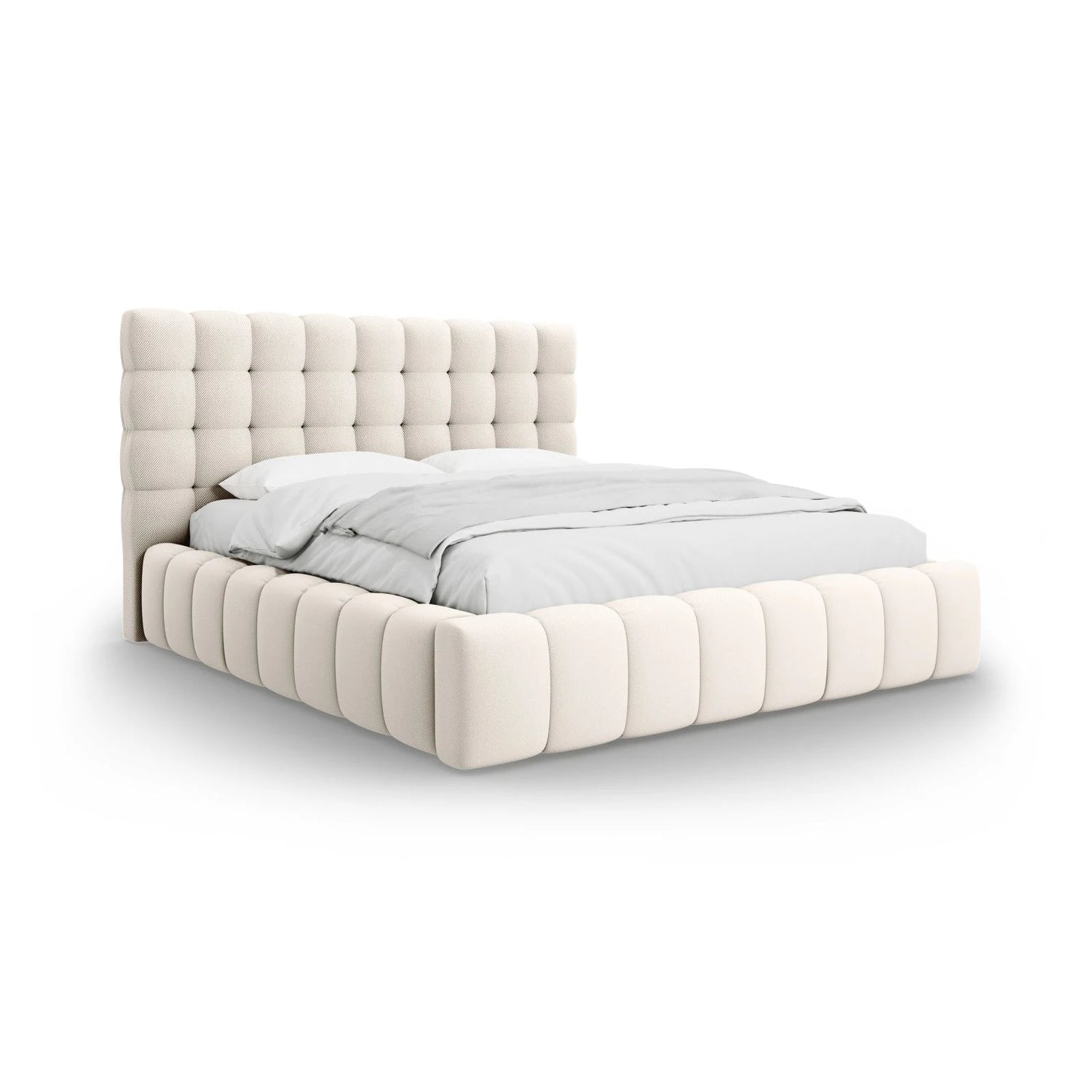 Mamaia Bett mit Stauraum und Kopfteil in Samt oder Strukturstoff, 180x200 cm – Bild 1