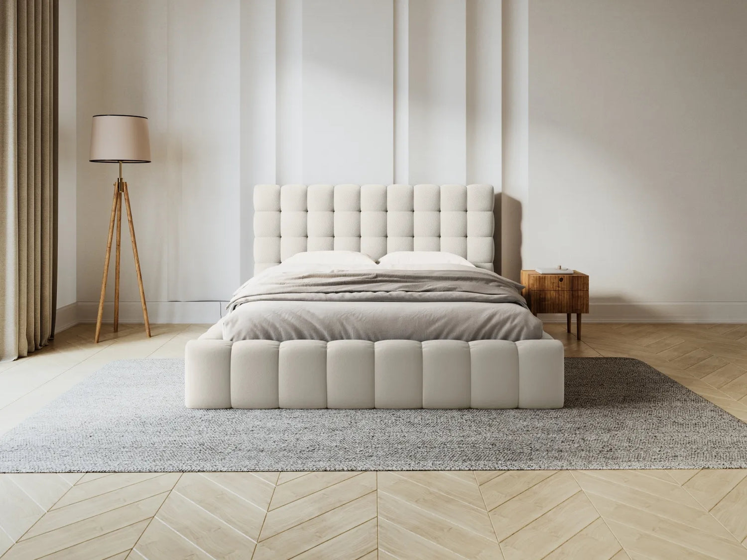 Mamaia Bett mit Stauraum und Kopfteil in Samt oder Strukturstoff, 200x200 cm – Bild 2