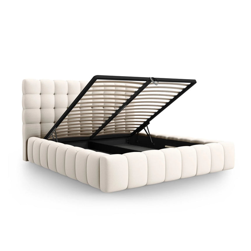 Mamaia Bett mit Stauraum und Kopfteil in Samt oder Strukturstoff, 200x200 cm – Bild 6