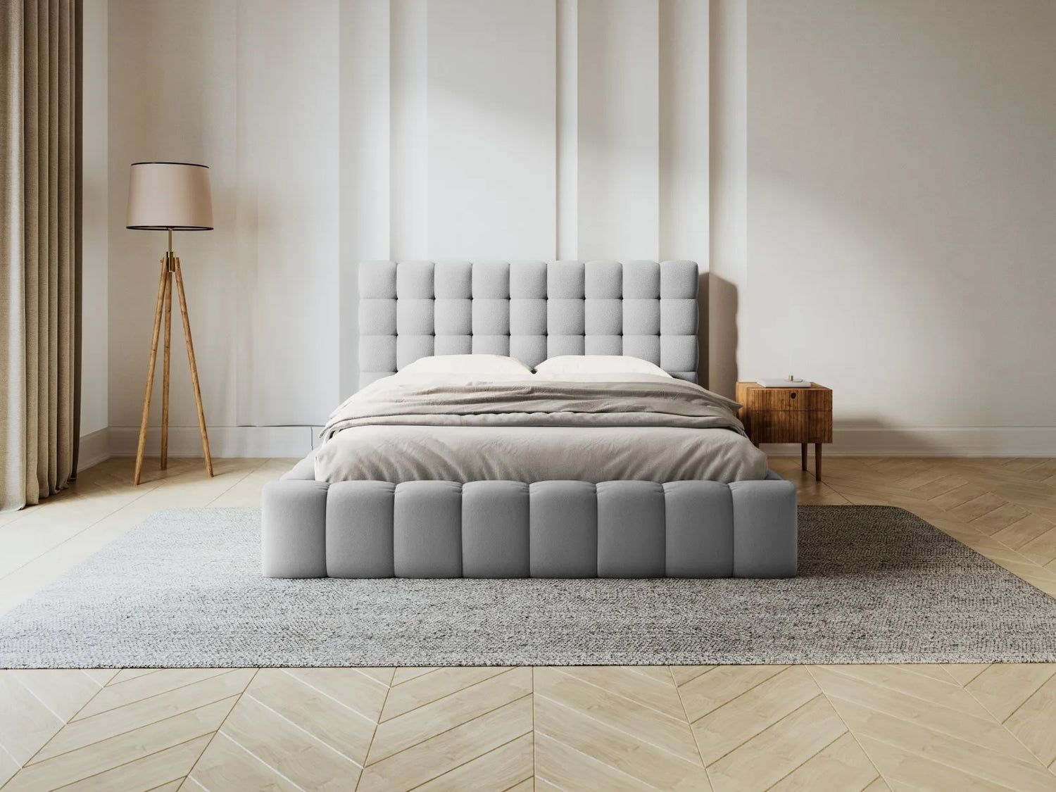 Mamaia Bett mit Stauraum und Kopfteil in Strukturierter Stoff (Nev80) in Hellgrau, 200x200 cm – Bild 2
