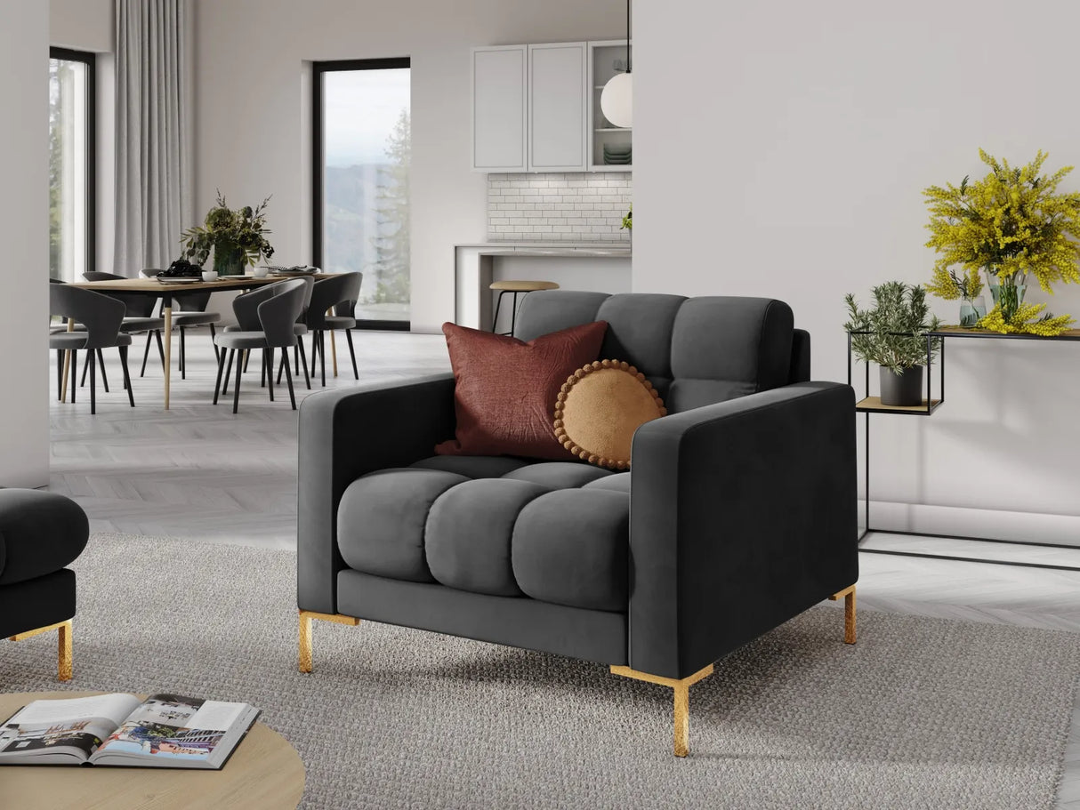 Mamaia Sessel, Beine Goldmetall, mit Bezug aus Samt (Blu18) in Dunkelgrau, 87x96 cm – Bild 2