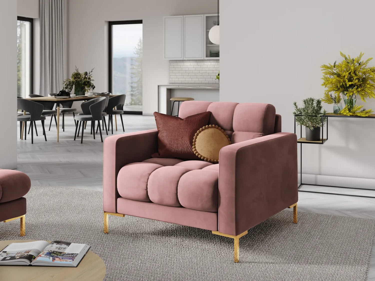 Mamaia Sessel, Beine Goldmetall, mit Bezug aus Samt (Blu52) in Rosa, 87x96 cm – Bild 2