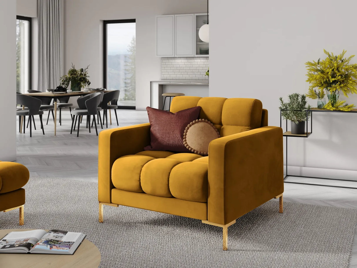 Mamaia Sessel, Beine Goldmetall, mit Bezug aus Samt (Blu68) in Gelb, 87x96 cm – Bild 2