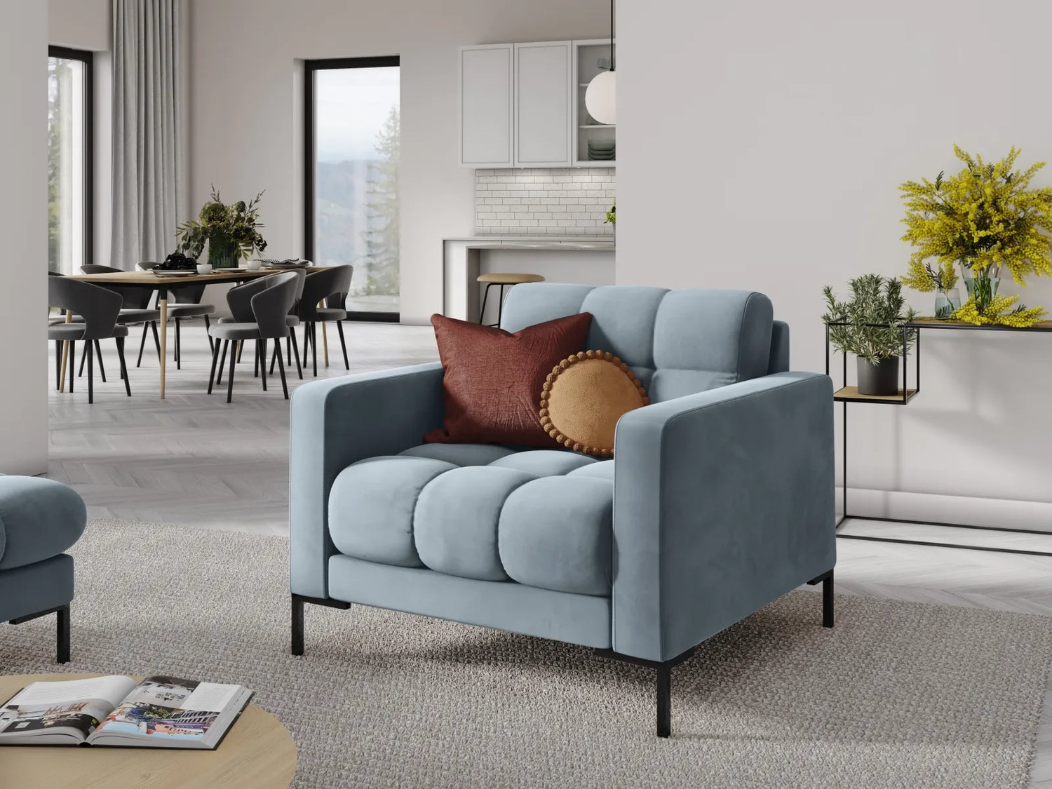 Mamaia Sessel, Metallbeine Schwarz, mit Bezug aus Samt (Blu06) in Hellblau, 87x96 cm – Bild 2