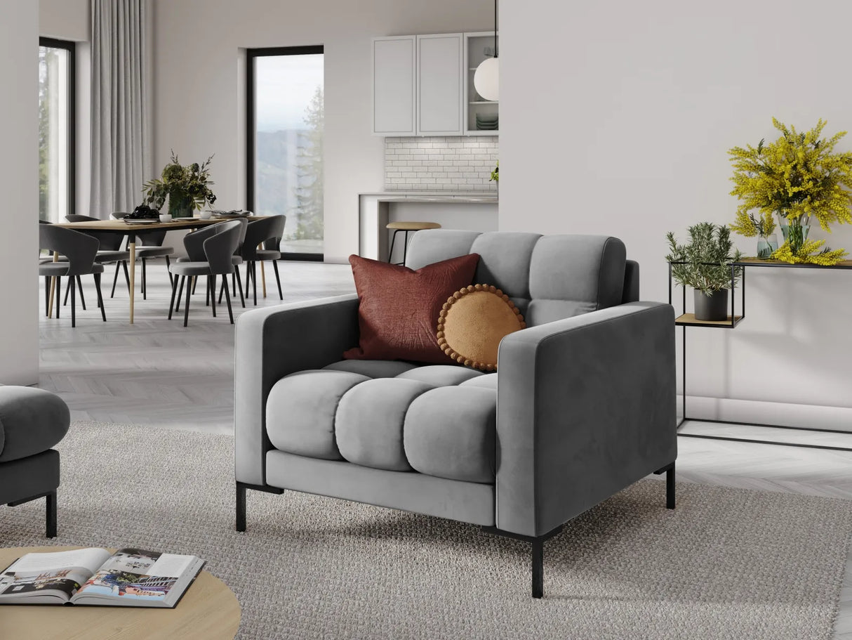 Mamaia Sessel, Metallbeine Schwarz, mit Bezug aus Samt (Blu13) in Hellgrau, 87x96 cm – Bild 2