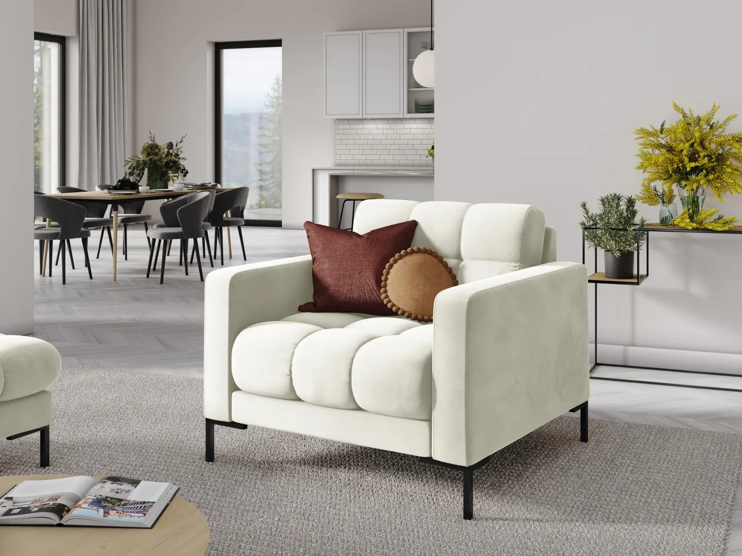 Mamaia Sessel, Metallbeine Schwarz, mit Bezug aus Samt (Blu22) in Leichtes Beige, 87x96 cm – Bild 2